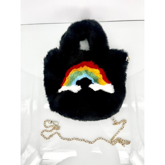 Women's Bag - Lala By Design Black and Rainbow Purse Bag Faux Fur and Leather - Picture 3 of 5